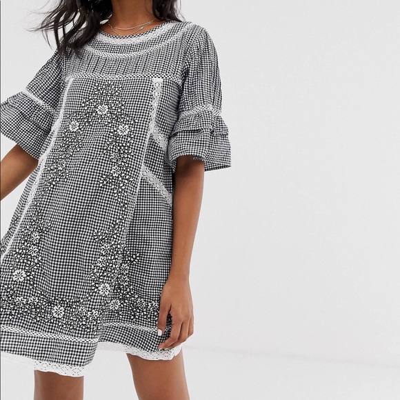 Free People dress Sunny Day Shirt mini crochet lace gingham embroidery - Picture 2 of 11